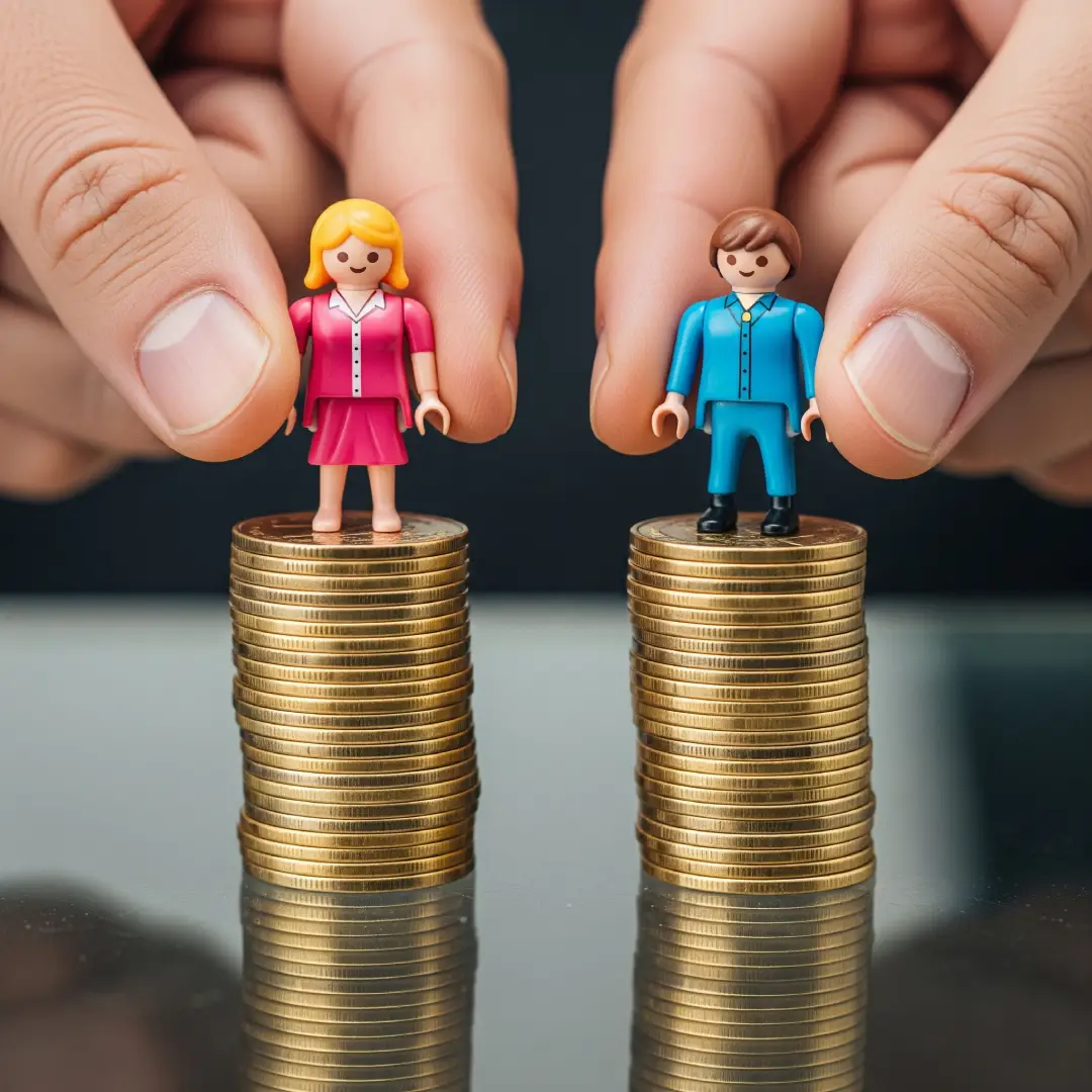 abogado-experto-en-divorcios-en-palma-de-mallorca- Dos montones de monedas separados, con una mujer sobre uno y un hombre sobre el otro, representando el reparto de bienes tras un divorcio